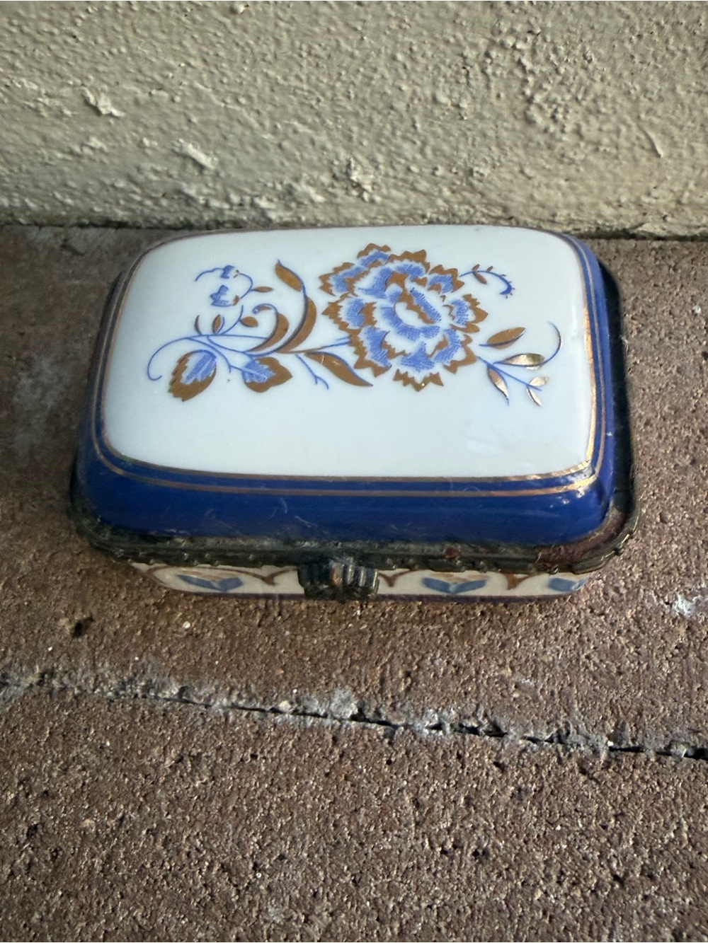 Vintage Rectangular Imperial Porcelain Trinket Box with Blue and Gold Flowers